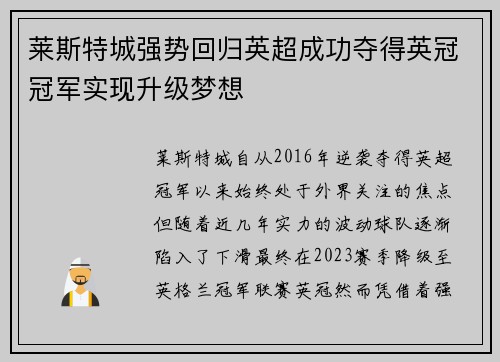 莱斯特城强势回归英超成功夺得英冠冠军实现升级梦想 莱斯特城强势回归英超成功夺得英冠冠军实现升级梦想
